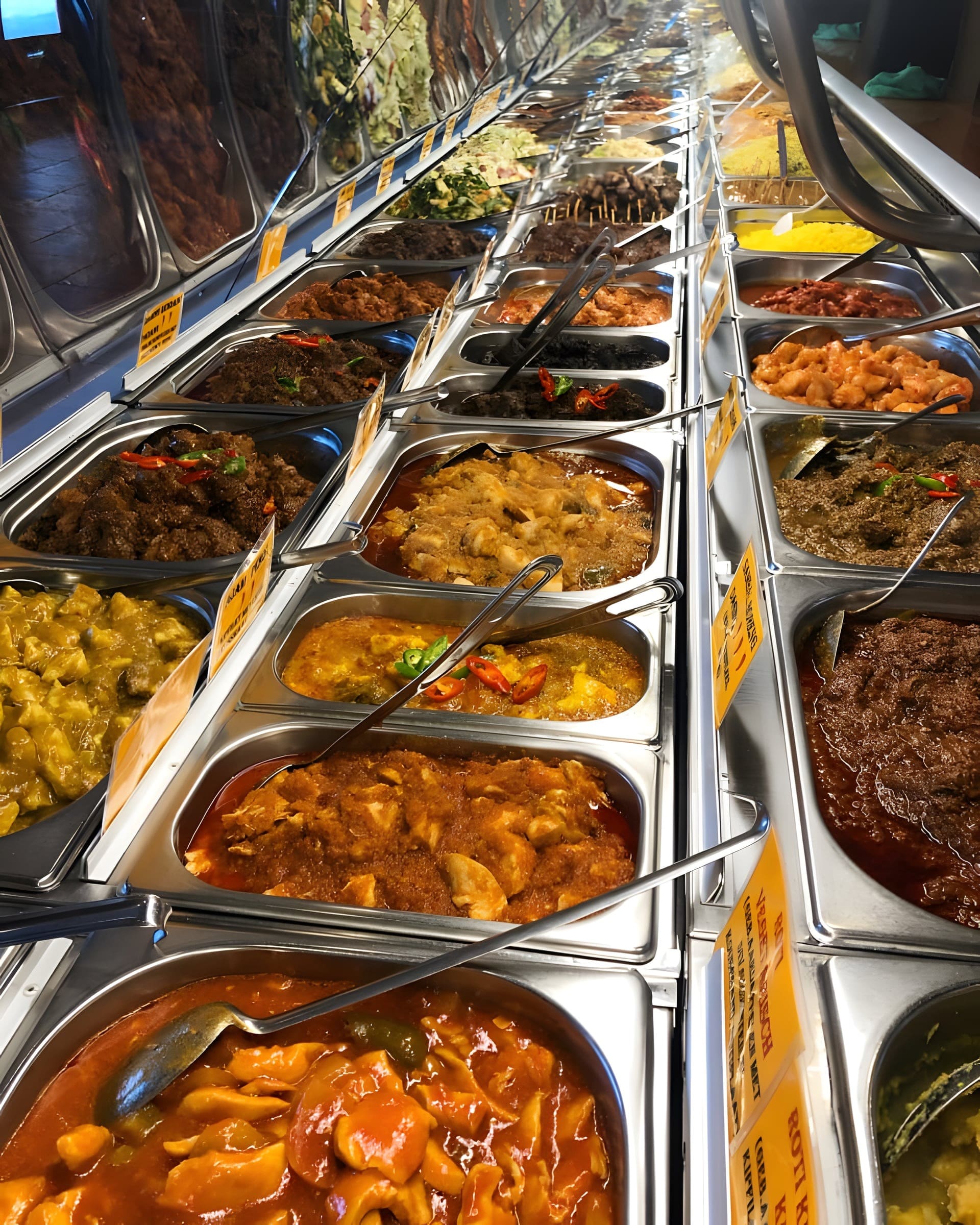 Vitrine bij Toko Tropical met rijen verse Indonesische gerechten in roestvrijstalen bakken